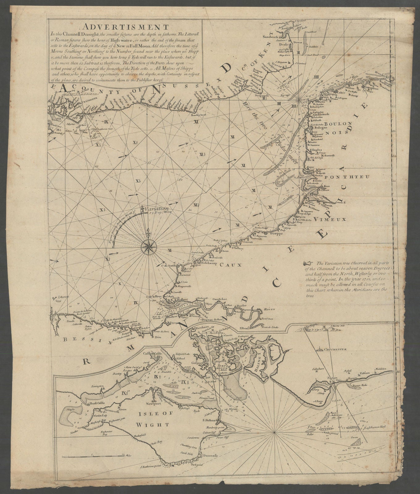 English Channel East. Isle of Wight Sussex Kent Normandy coasts. MOUNT 1702 map